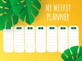 Tropical yellow weekly planner with paper cut leaves. Vector stationary template